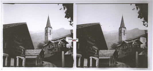 Village de montagne, Plaque verre photo stéréo, positif noir & blanc 6x13 cm