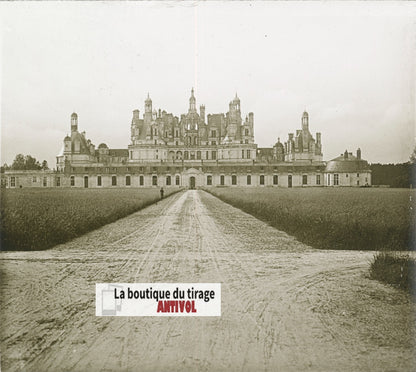 Château de Chambord, plaque verre, photo stéréoscopie, noir & blanc 6x13 cm