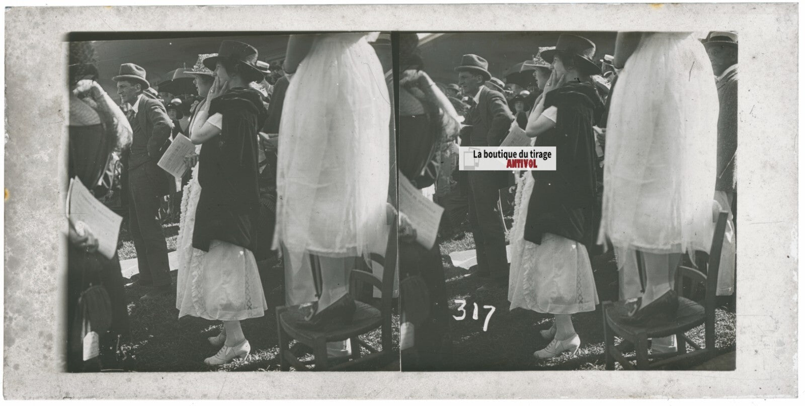 Scène de vie, Longchamp, Paris, plaque verre stéréoscopique, positif 8,5x17 cm