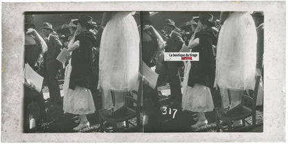 Scène de vie, Longchamp, Paris, plaque verre stéréoscopique, positif 8,5x17 cm