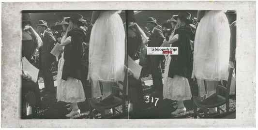 Scène de vie, Longchamp, Paris, plaque verre stéréoscopique, positif 8,5x17 cm