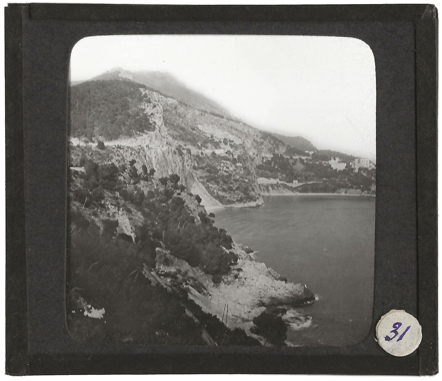 Paysage, mer, La Turbie, route d'Èze, photo plaque de verre, positif 8,5x10 cm