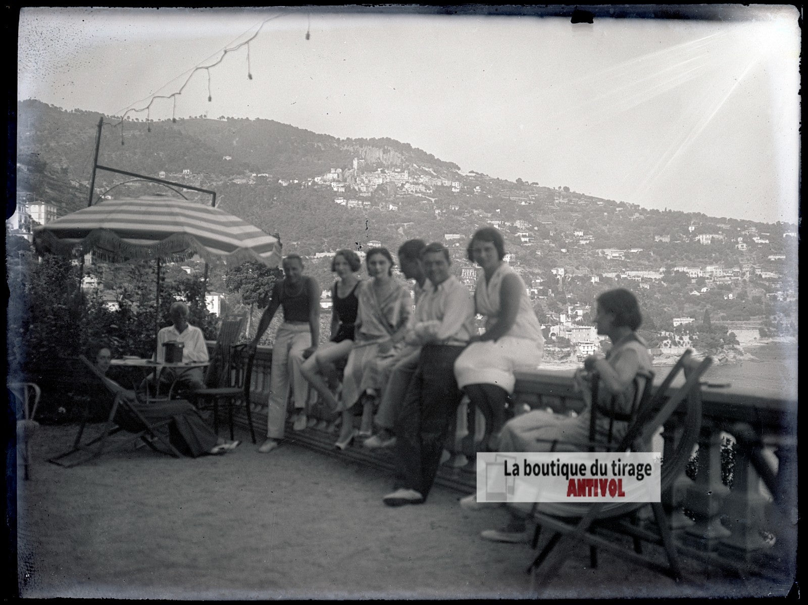 Bord de mer sur la Côte d’Azur, plaque verre photo ancienne, négatif 9x12 cm