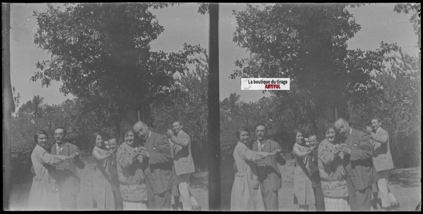 Famille, danse, stéréoscopie, photo ancienne plaque verre, négatif 9x18 cm