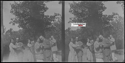 Famille, danse, stéréoscopie, photo ancienne plaque verre, négatif 9x18 cm