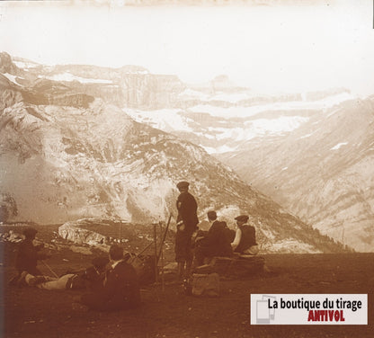 Cirque de Gavarnie, Pyrénées, plaque verre photo stéréo, sépia 6x13 cm