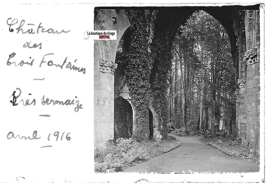 Château Sermaize, Plaque verre photo stéréo, positif noir & blanc 4,5x10,7 cm