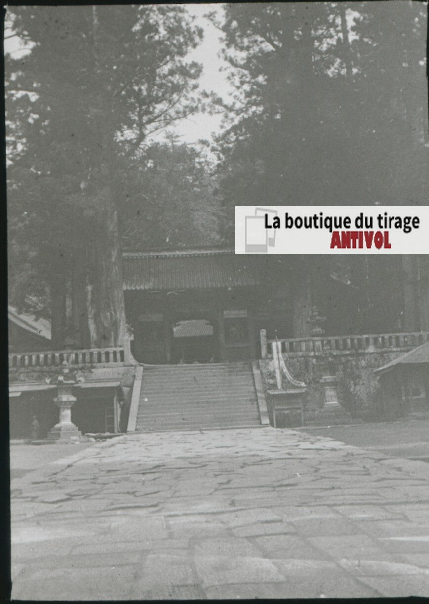 Temples de Nikkō, Japon, photo plaque verre, noir & blanc, positif 8,5x10 cm