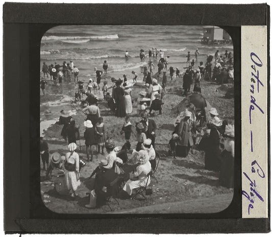 Ostende, Belgique, plage, baignade, photo plaque de verre, positif 8,5x10 cm