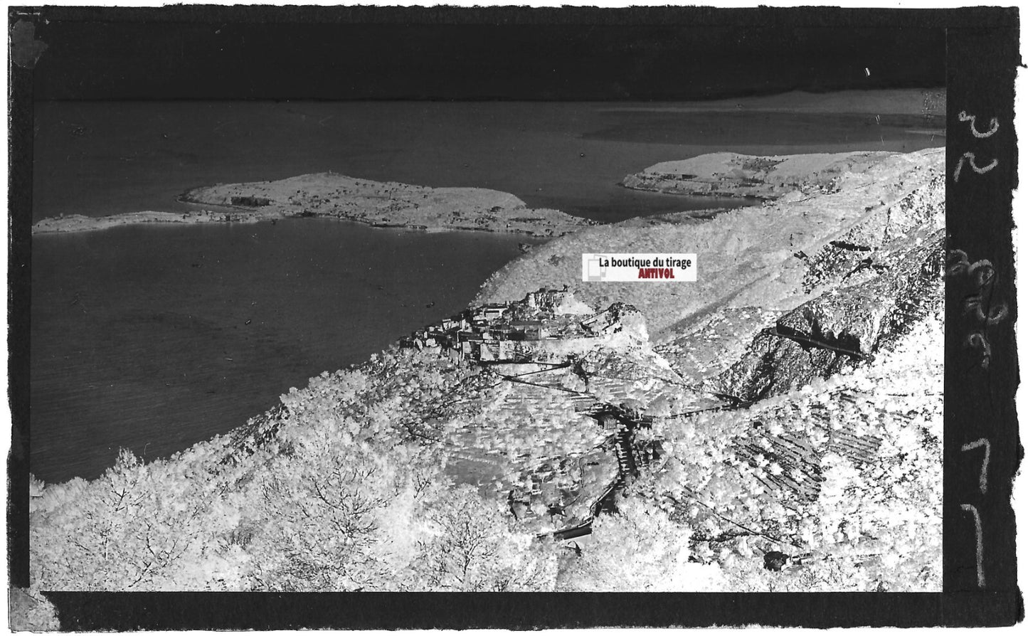 Plaque verre photo ancienne négatif noir & blanc 9x14 cm, Èze, paysage, mer