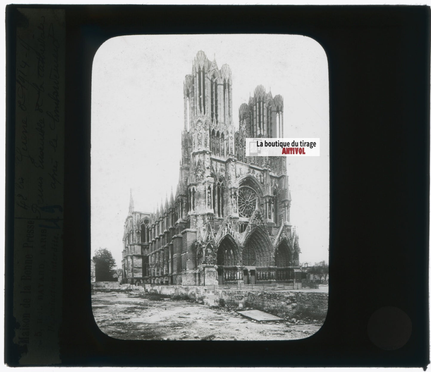 Reims après le bombardement, photo plaque verre, noir & blanc, positif 8,5x10 cm