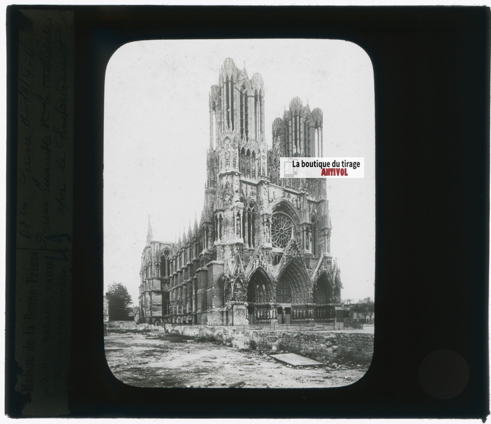 Reims après le bombardement, photo plaque verre, noir & blanc, positif 8,5x10 cm