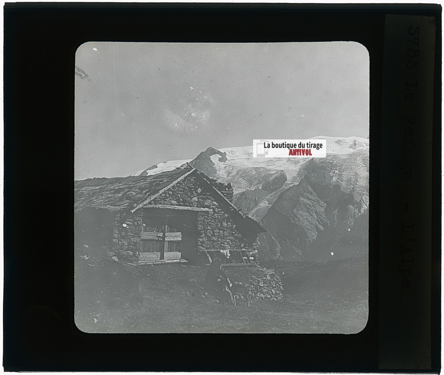 Refuge de l’Alpe, montagne, photo plaque verre, noir & blanc, positif 8,5x10 cm