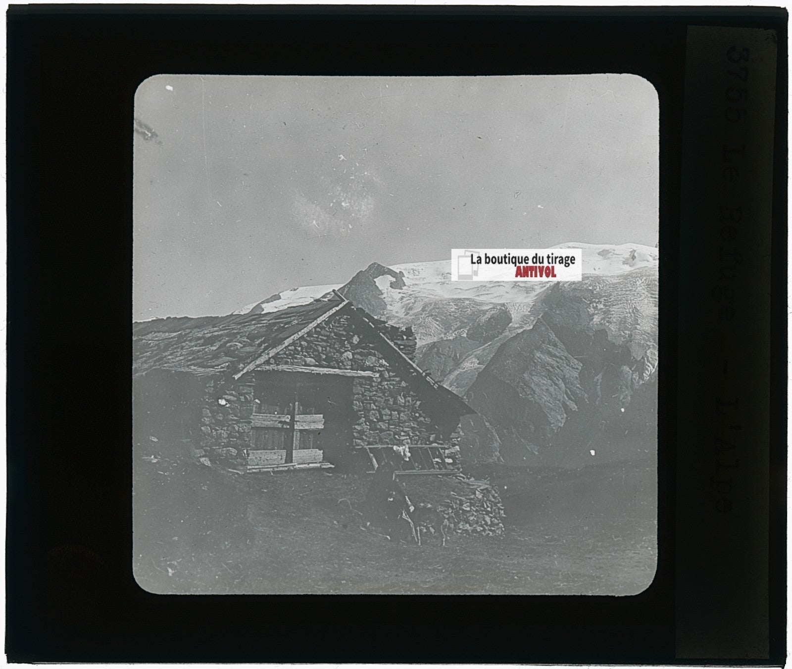 Refuge de l’Alpe, montagne, photo plaque verre, noir & blanc, positif 8,5x10 cm