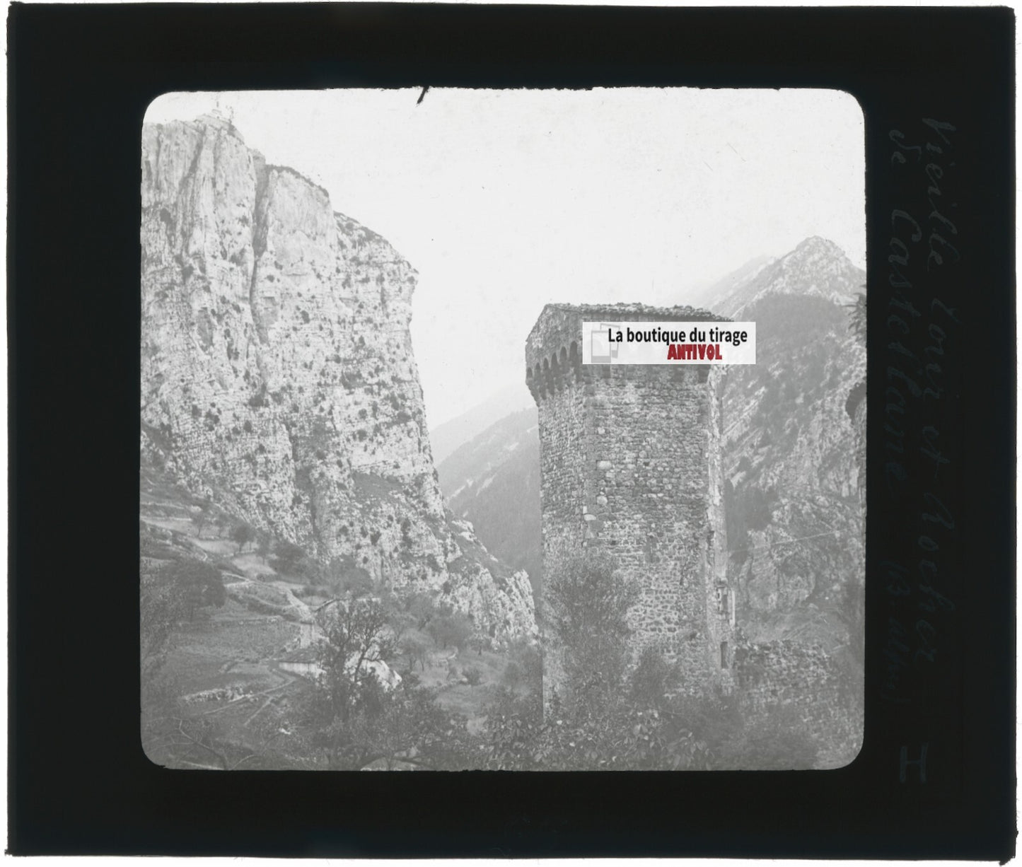Tour et rocher de Castellane, photo ancienne plaque de verre, positif 8,5x10 cm
