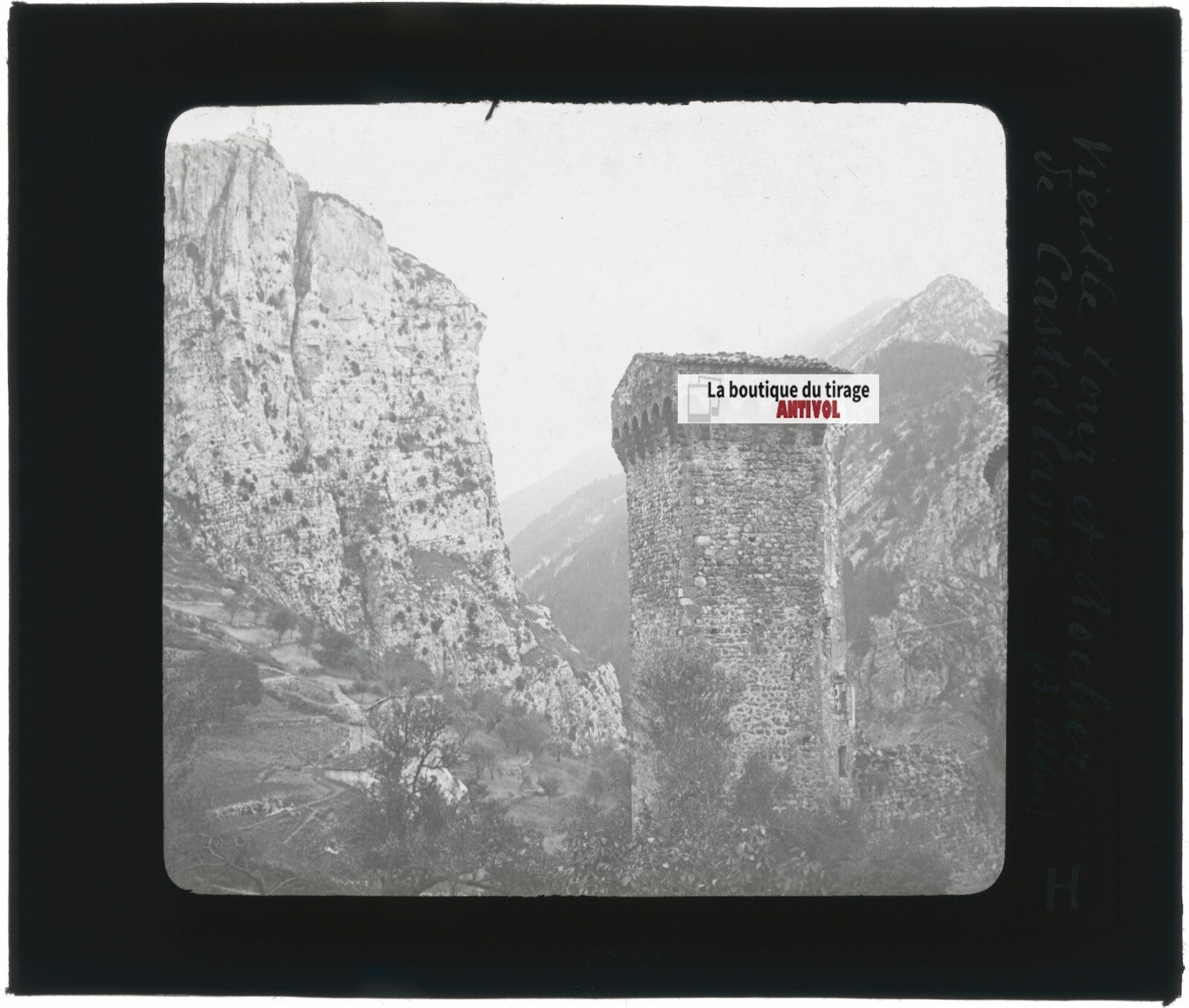 Tour et rocher de Castellane, photo ancienne plaque de verre, positif 8,5x10 cm