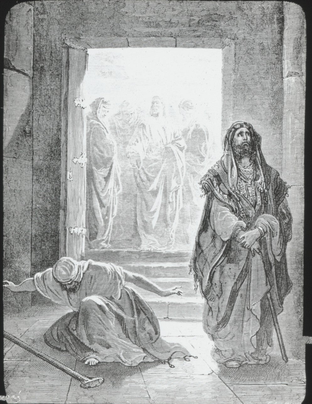 Pharisien et le publicain, Bible Doré, dessin, plaque verre, positif 8,5x10 cm