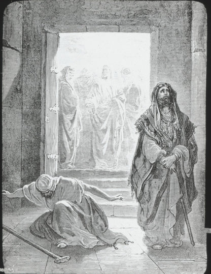 Pharisien et le publicain, Bible Doré, dessin, plaque verre, positif 8,5x10 cm