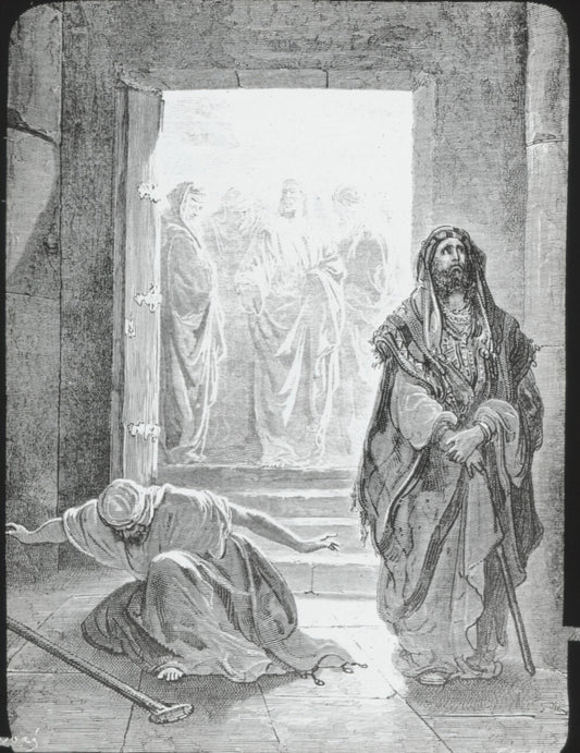 Pharisien et le publicain, Bible Doré, dessin, plaque verre, positif 8,5x10 cm