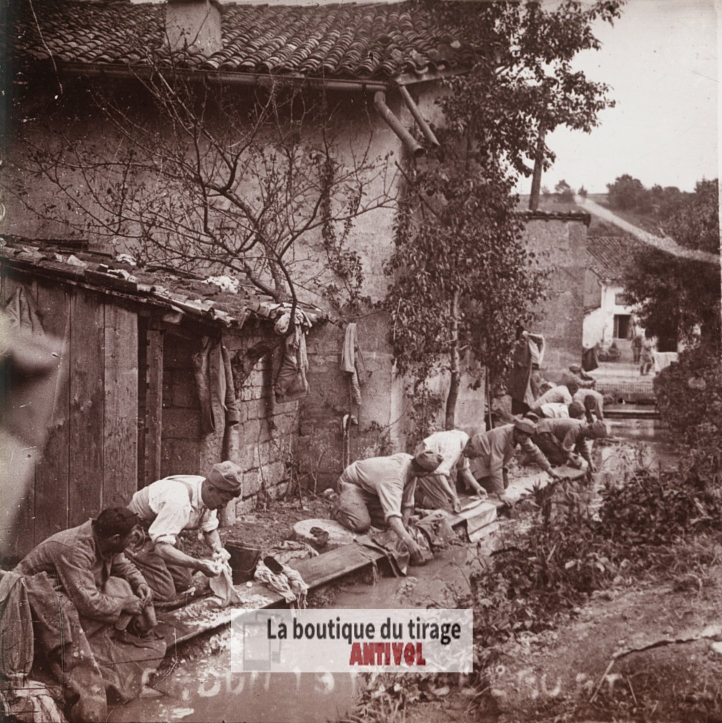 Belrupt, corvée de lavage, guerre WW1, plaque verre stéréo, photo 4,5x10,7 cm