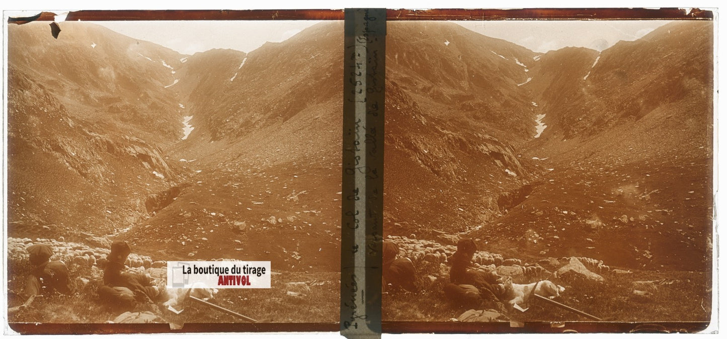 Col de Gistaín, Pyrénées, plaque verre, photo ancienne stéréo, sépia 6x13 cm