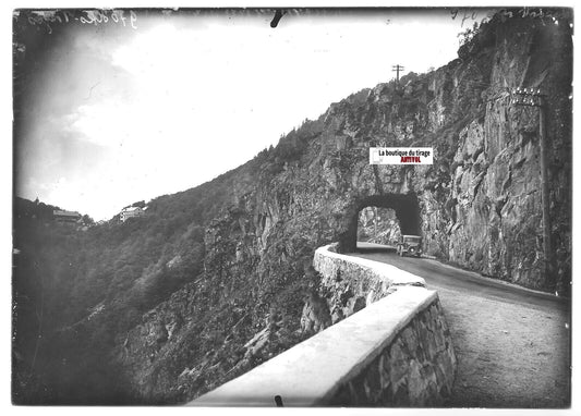 Plaque verre photo positif noir & blanc 13x18 cm Vosges, col Schlucht voiture