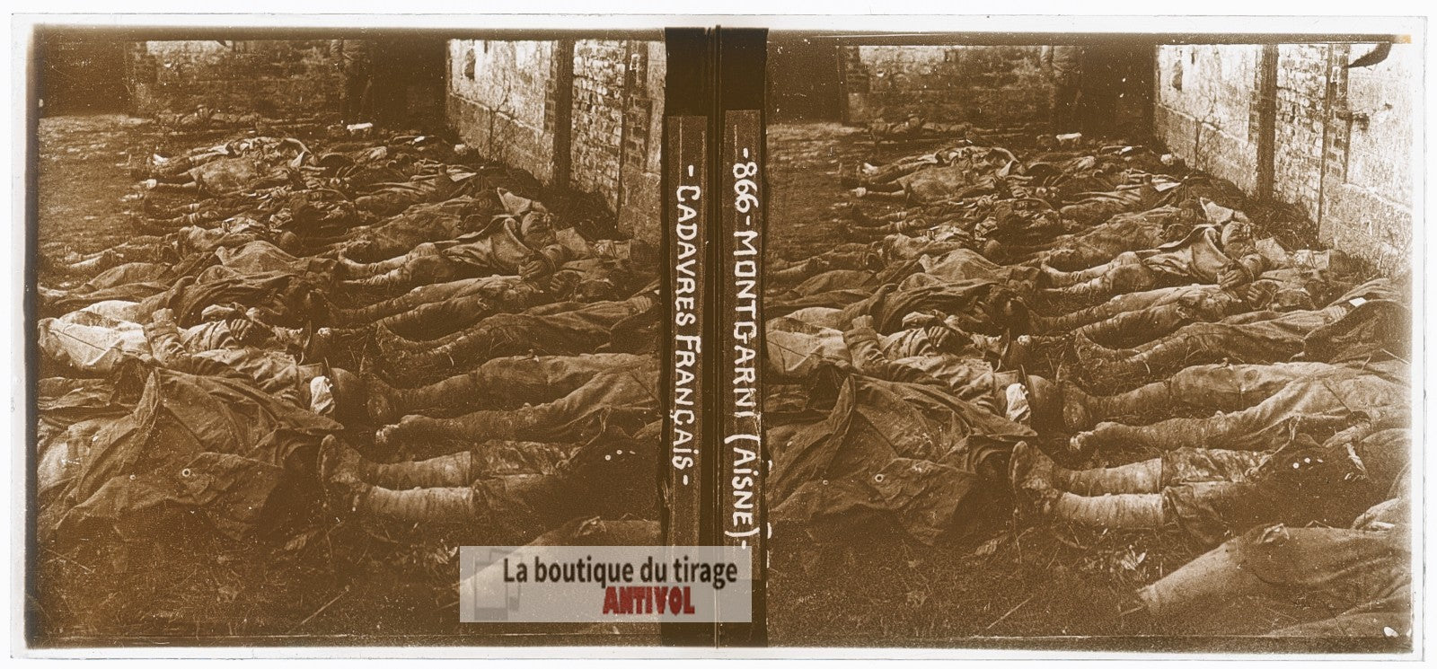Montgarny, cadavres français, WW1, plaque verre photo ancienne stéréo 6x13 cm