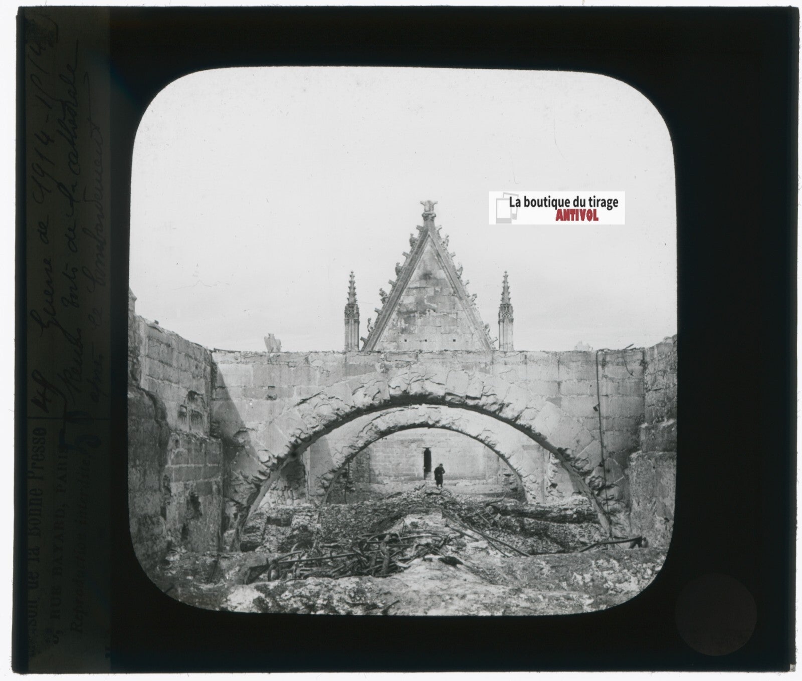 Reims, bombardement guerre, photo plaque verre, noir & blanc, positif 8,5x10 cm
