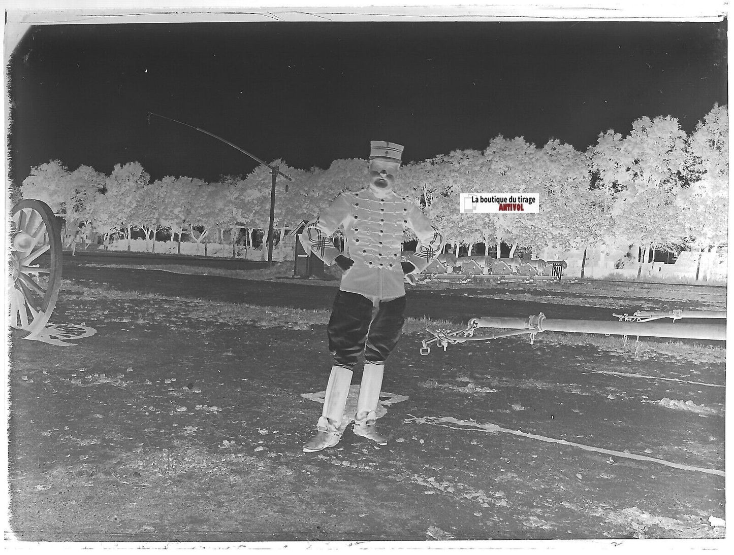 Soldat, canon, militaire, Plaque verre photo, négatif noir & blanc 9x12 cm