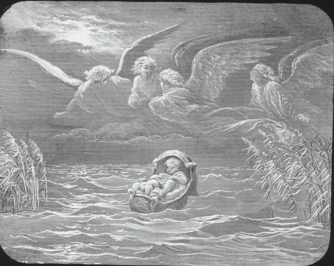 Moïse sur le Nil, Bible de Doré, dessin, plaque de verre, positif 8,5x10 cm