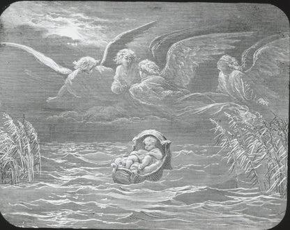 Moïse sur le Nil, Bible de Doré, dessin, plaque de verre, positif 8,5x10 cm