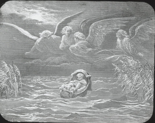 Moïse sur le Nil, Bible de Doré, dessin, plaque de verre, positif 8,5x10 cm