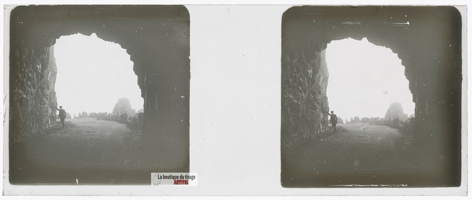 Tunnel en montagne, plaque verre stéréo, photo ancienne 4,5x10,7 cm