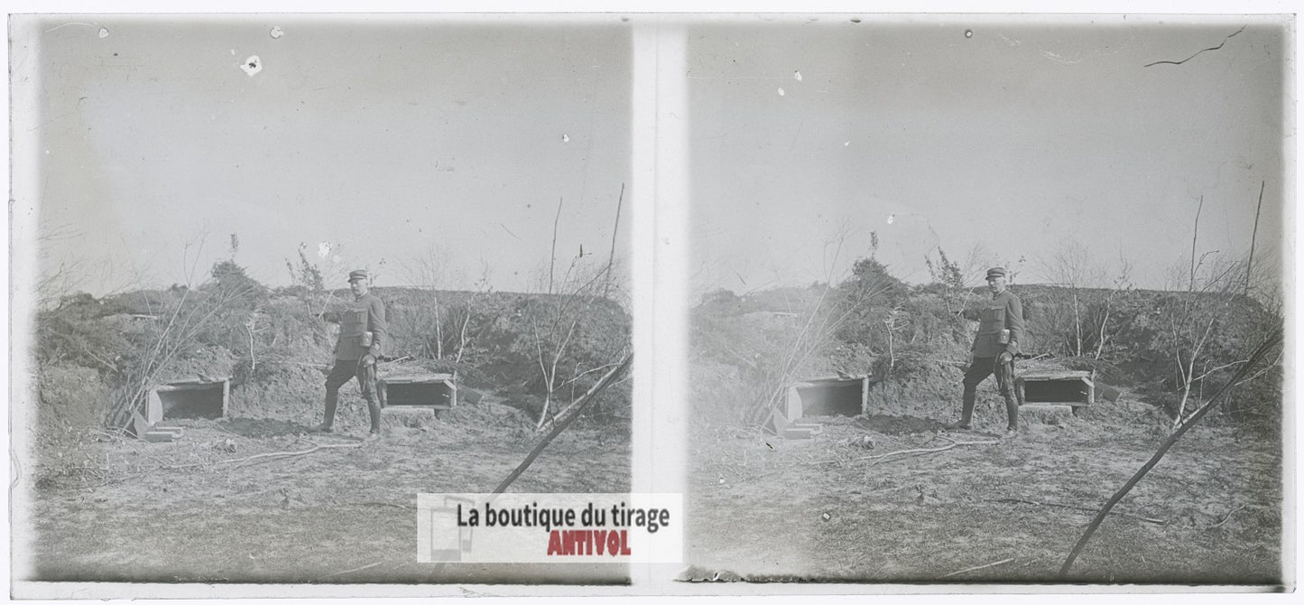 Secteur de tranchées, abris WW1, plaque verre photo ancienne stéréo 6x13 cm