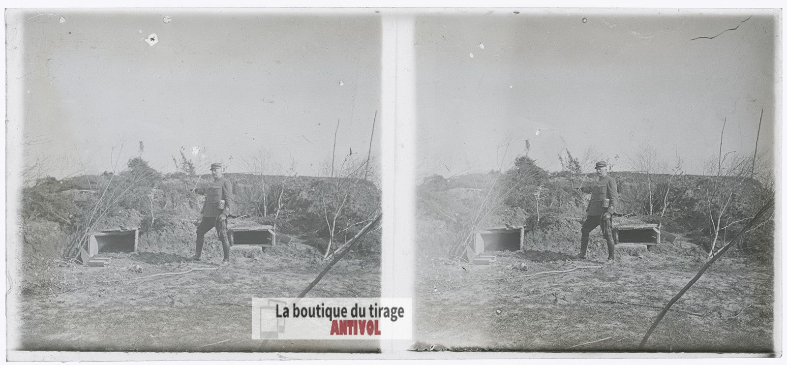 Secteur de tranchées, abris WW1, plaque verre photo ancienne stéréo 6x13 cm