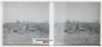 Secteur de tranchées, abris WW1, plaque verre photo ancienne stéréo 6x13 cm