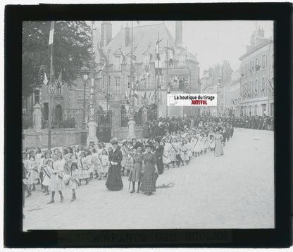 Orléans, écoliers, photo ancienne plaque verre, noir & blanc, positif 8,5x10 cm