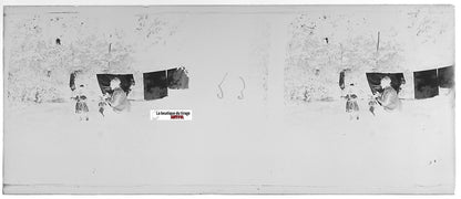 Père, enfant, Plaque verre photo stéréo, négatif noir & blanc 4,5x10,7 cm