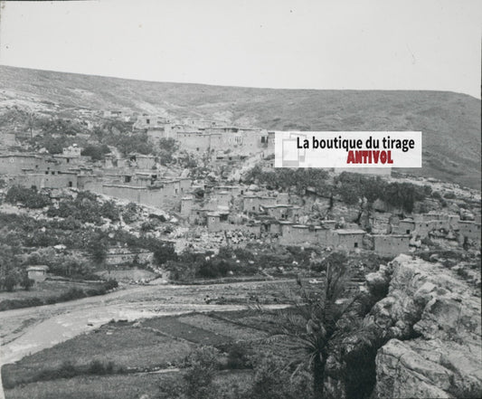 Village, Montagne, Maroc, photo ancienne plaque verre, positif 8,5x10 cm