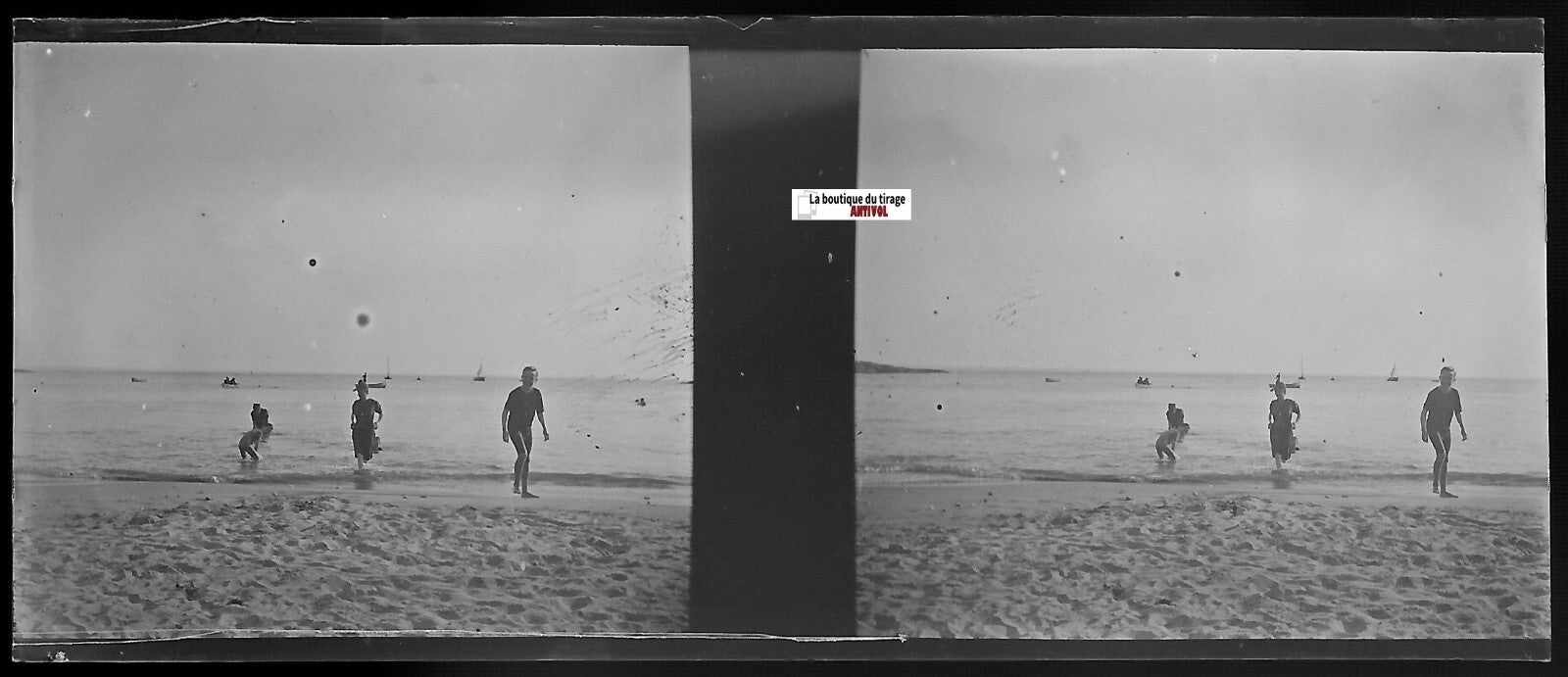 Baignade, mer, Plaque verre photo stéréo, négatif noir & blanc 4,5x10,7 cm