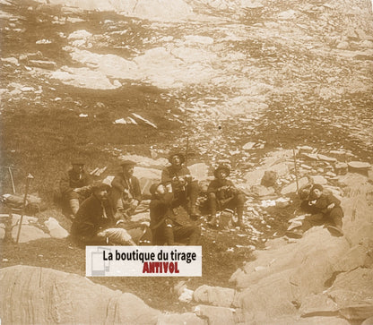 Col de Gistain, Pyrénées, plaque verre, photo ancienne stéréo, sépia 6x13 cm