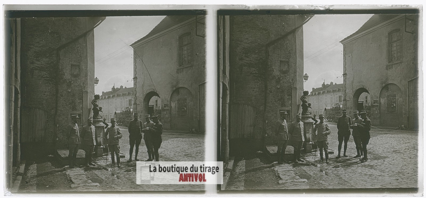 Militaires français, guerre WW1, plaque verre photo ancienne stéréo 6x13 cm