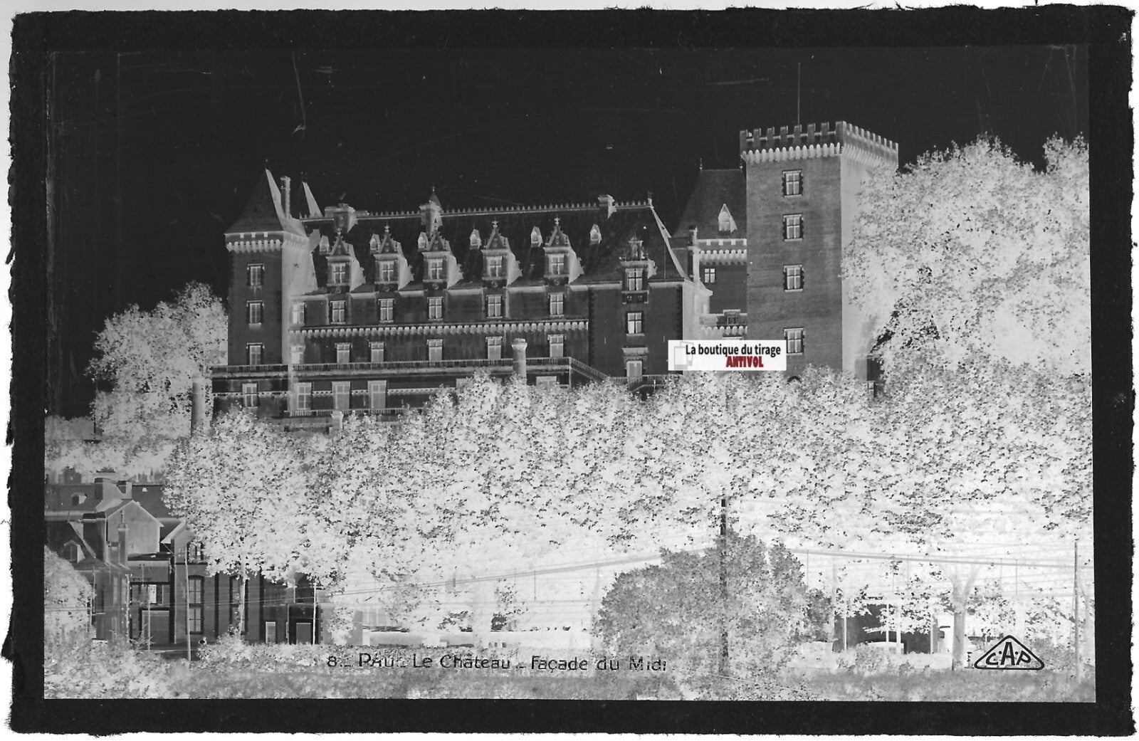 Plaque verre photo vintage, négatif noir & blanc 9x14 cm, façade château Pau