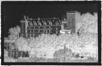 Plaque verre photo vintage, négatif noir & blanc 9x14 cm, façade château Pau