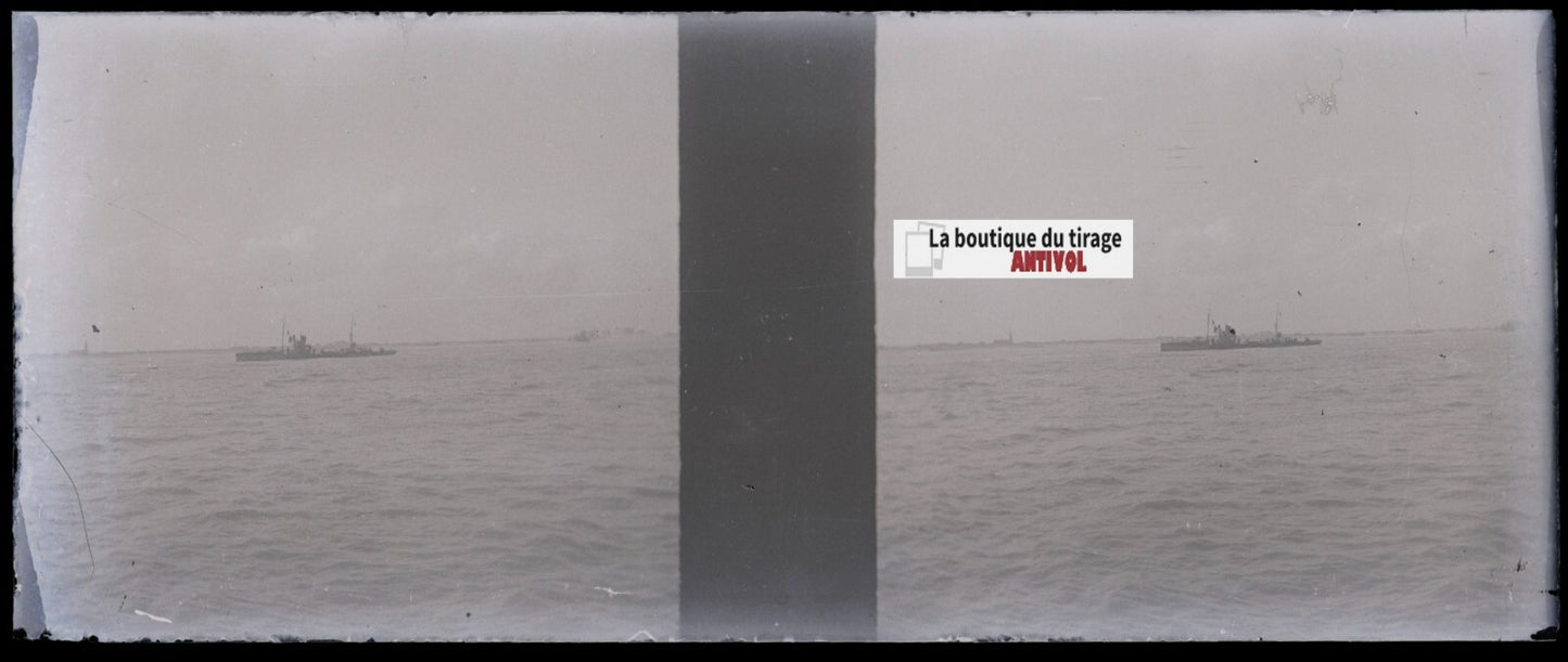 Bateau, mer, Plaque verre stéréoscopie, négatif noir & blanc 4,5x10,7 cm