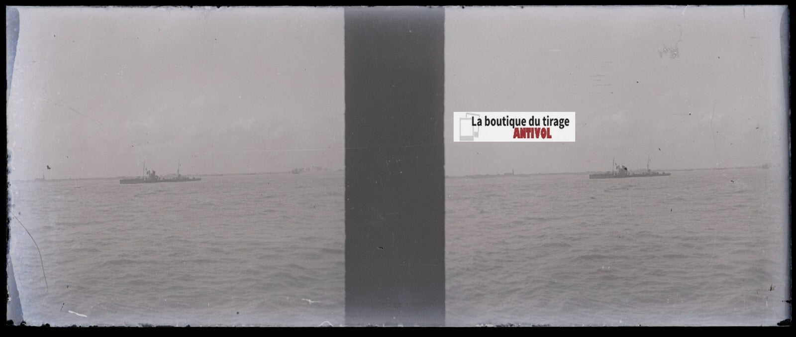 Bateau, mer, Plaque verre stéréoscopie, négatif noir & blanc 4,5x10,7 cm