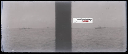 Bateau, mer, Plaque verre stéréoscopie, négatif noir & blanc 4,5x10,7 cm