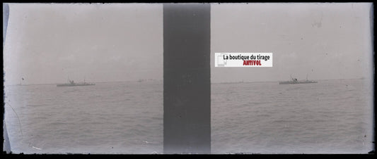 Bateau, mer, Plaque verre stéréoscopie, négatif noir & blanc 4,5x10,7 cm