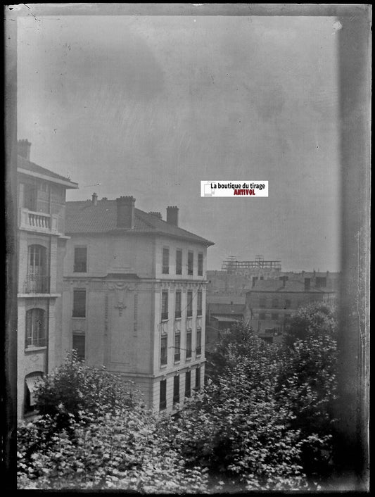 Ville à situer, Plaque verre photo ancienne, négatif noir & blanc 9x12 cm