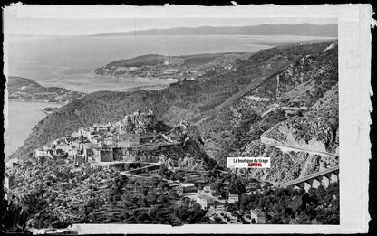 Plaque verre photo ancienne négatif noir & blanc 9x14 cm, Èze, paysage, montagne